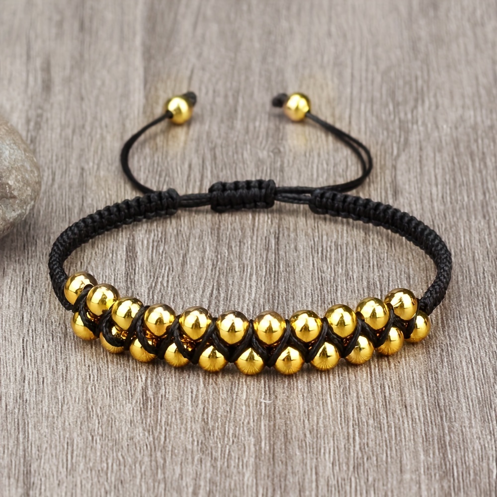 Adjustable Copper Bead Men's Bracelet with Double Row Weaving